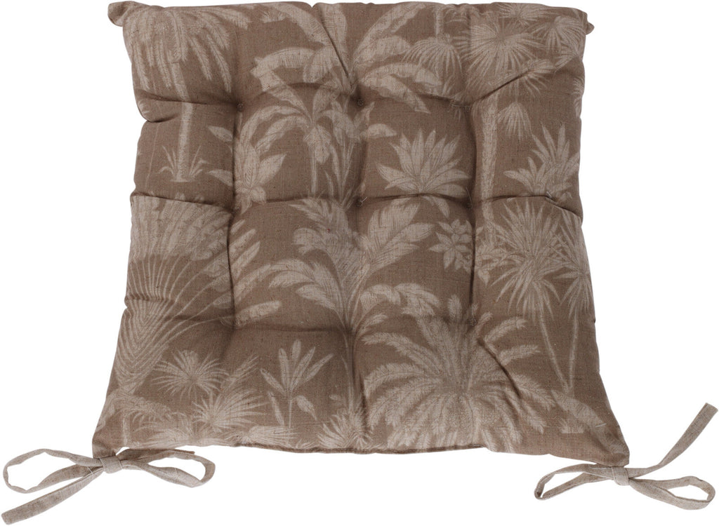 Palm & Botanical Print Outdoor Seat Cushion with Ties – Taupe Jungle Print