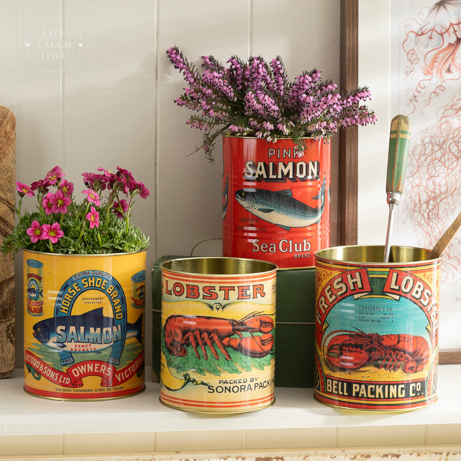 Vintage-Style Seafood Tin Planter – Lobster & Salmon Designs