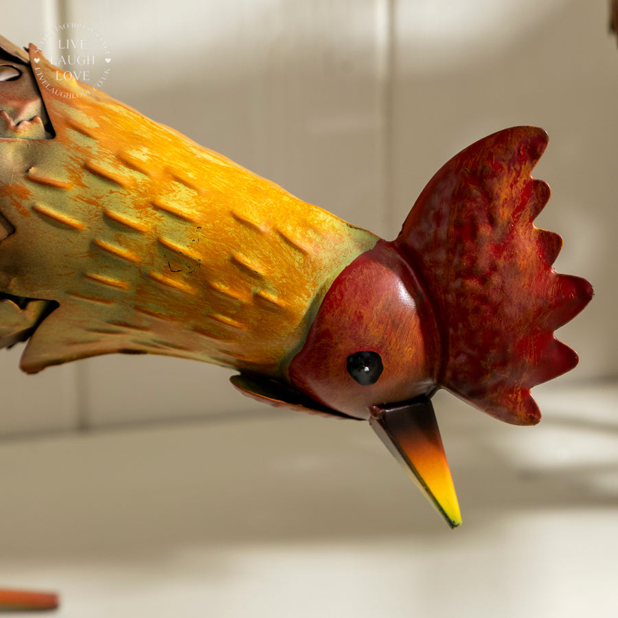 Pair of Painted Metal Rooster and Hen Ornaments – Colourful Farmhouse Decor