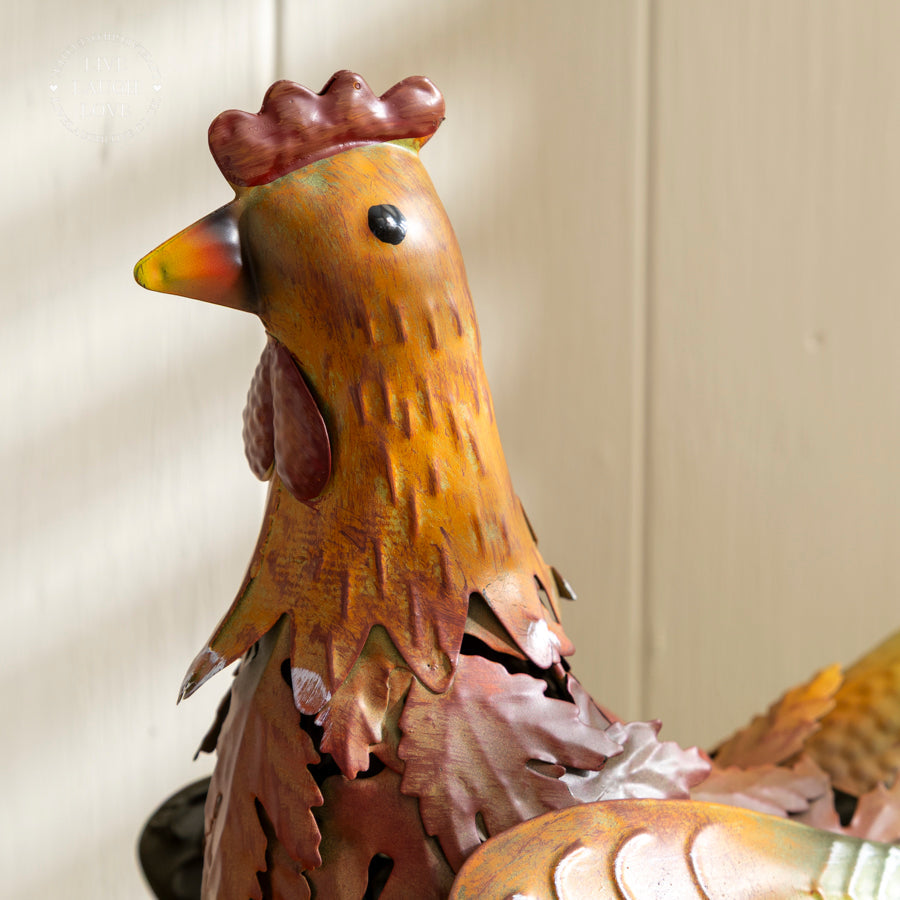 Pair of Painted Metal Rooster and Hen Ornaments – Colourful Farmhouse Decor