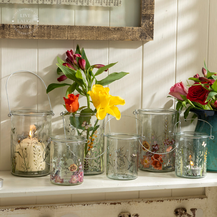 Set of 3 Glass Floral Tea Light Holders with Handle – Assorted Botanical Designs