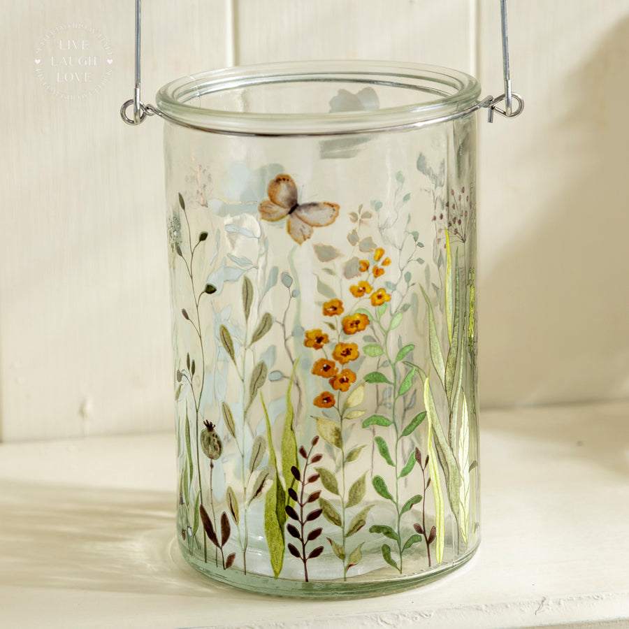 Set of 3 Glass Floral Tea Light Holders with Handle – Assorted Botanical Designs