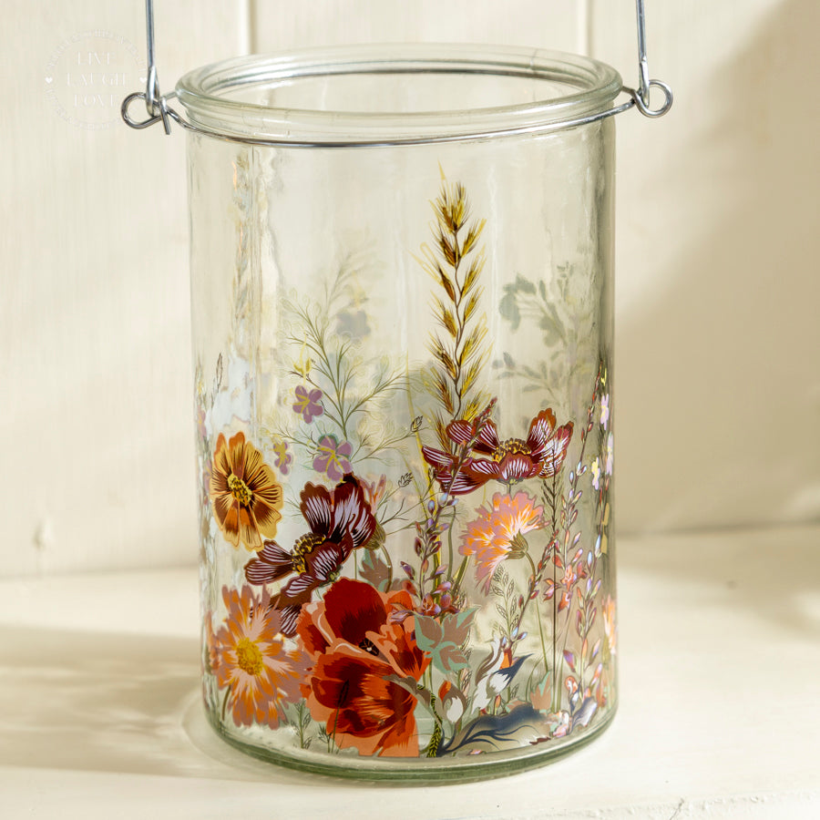 Set of 3 Glass Floral Tea Light Holders with Handle – Assorted Botanical Designs