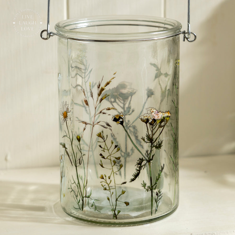 Set of 3 Glass Floral Tea Light Holders with Handle – Assorted Botanical Designs