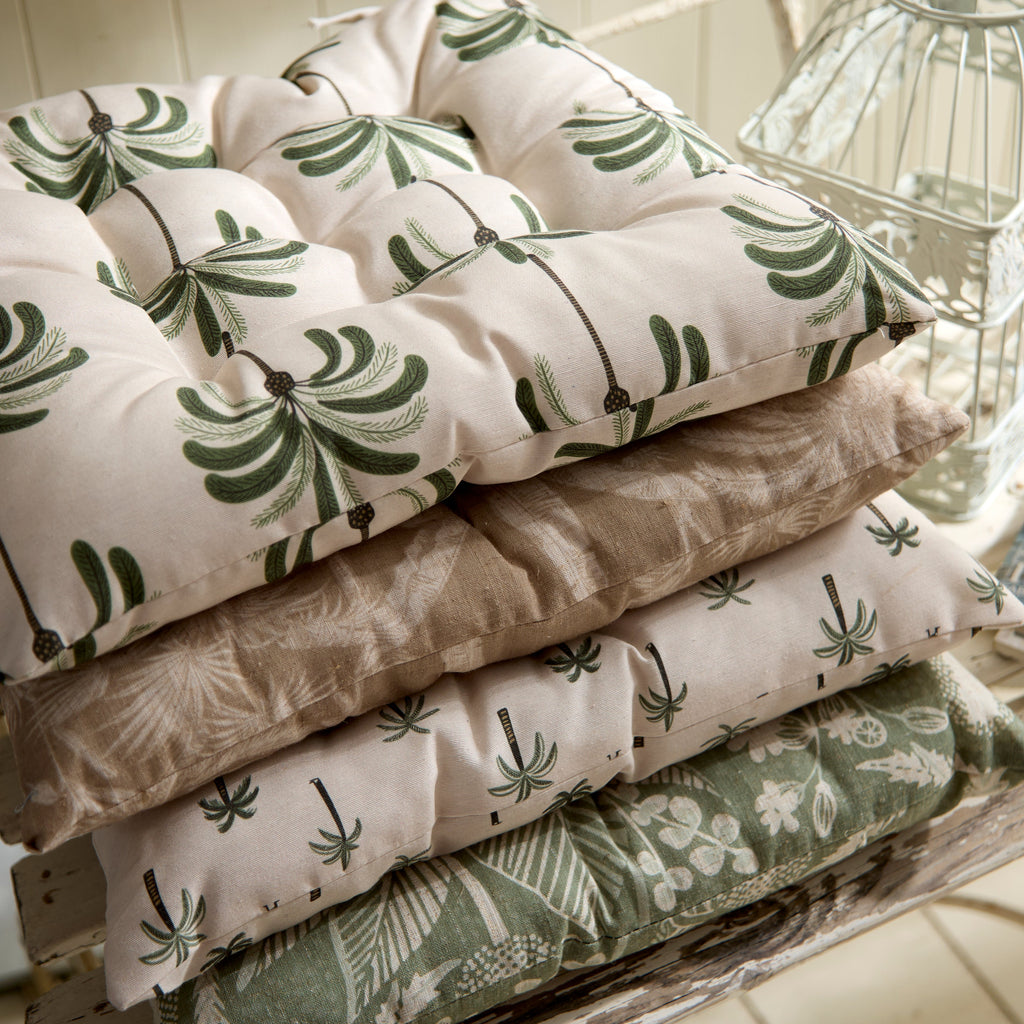 Palm & Botanical Print Outdoor Seat Cushion with Ties – Taupe Jungle Print