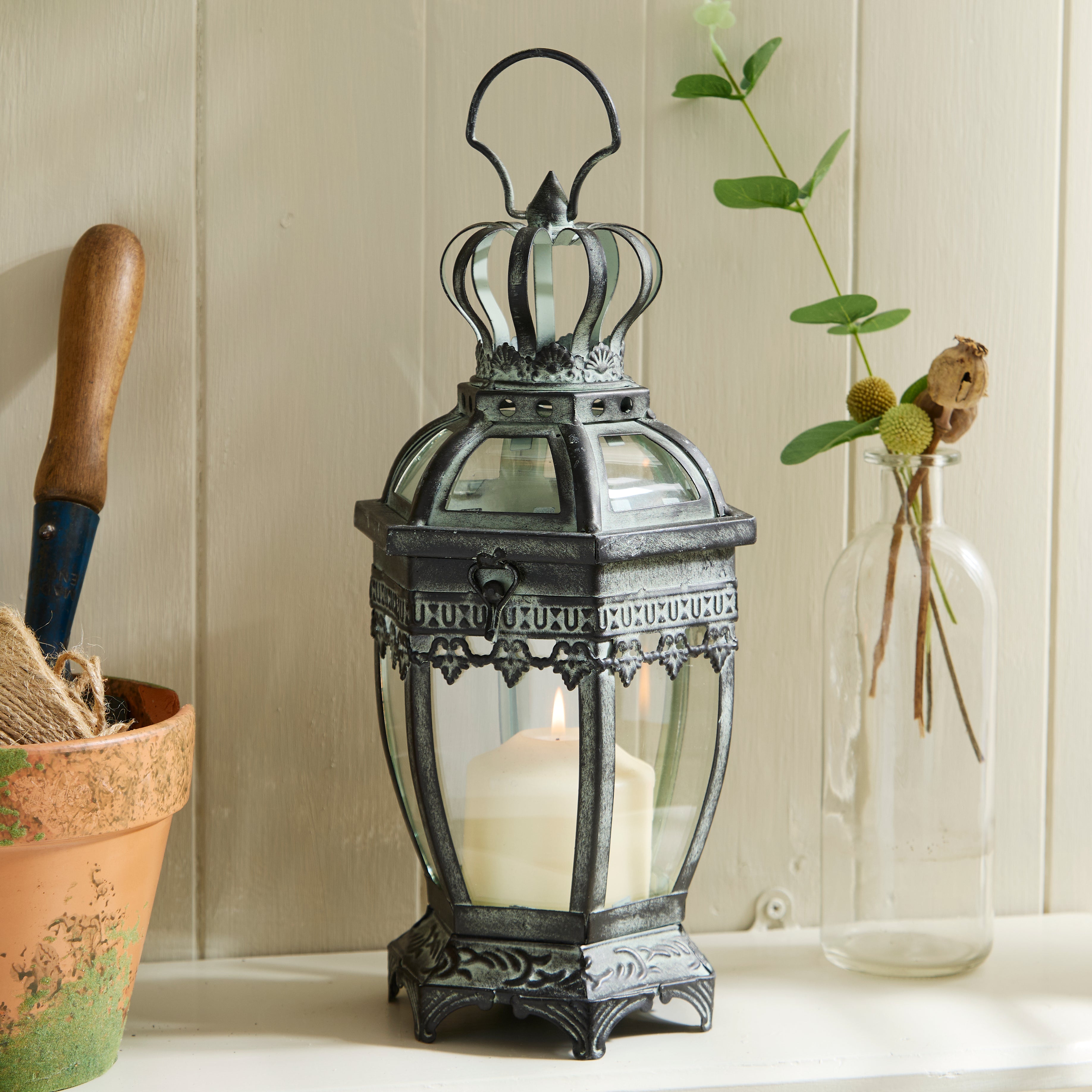 Antique Rustic Crown Lantern Collection – Ornate Metal Candle Holder