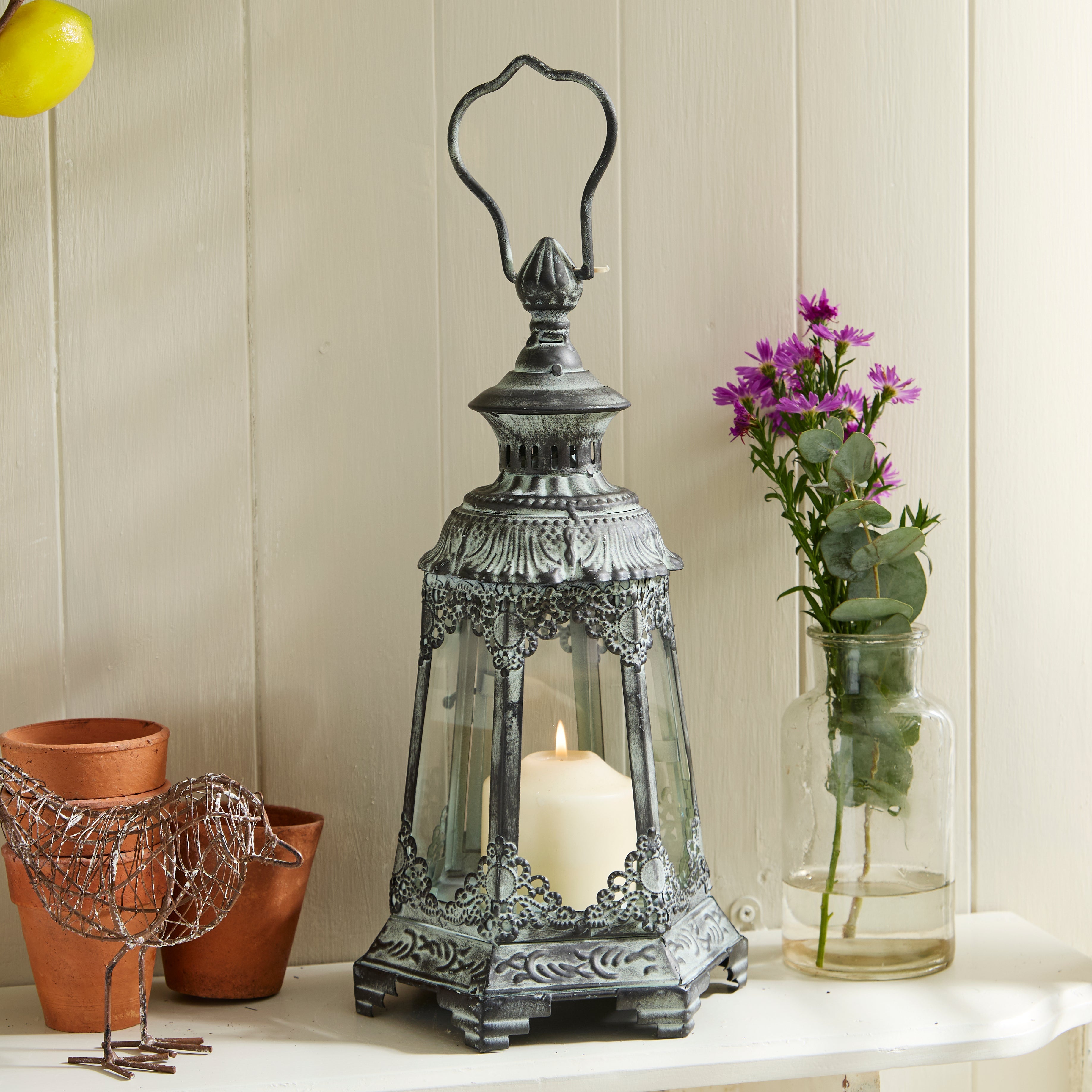 Antique Rustic Crown Lantern Collection – Ornate Metal Candle Holder