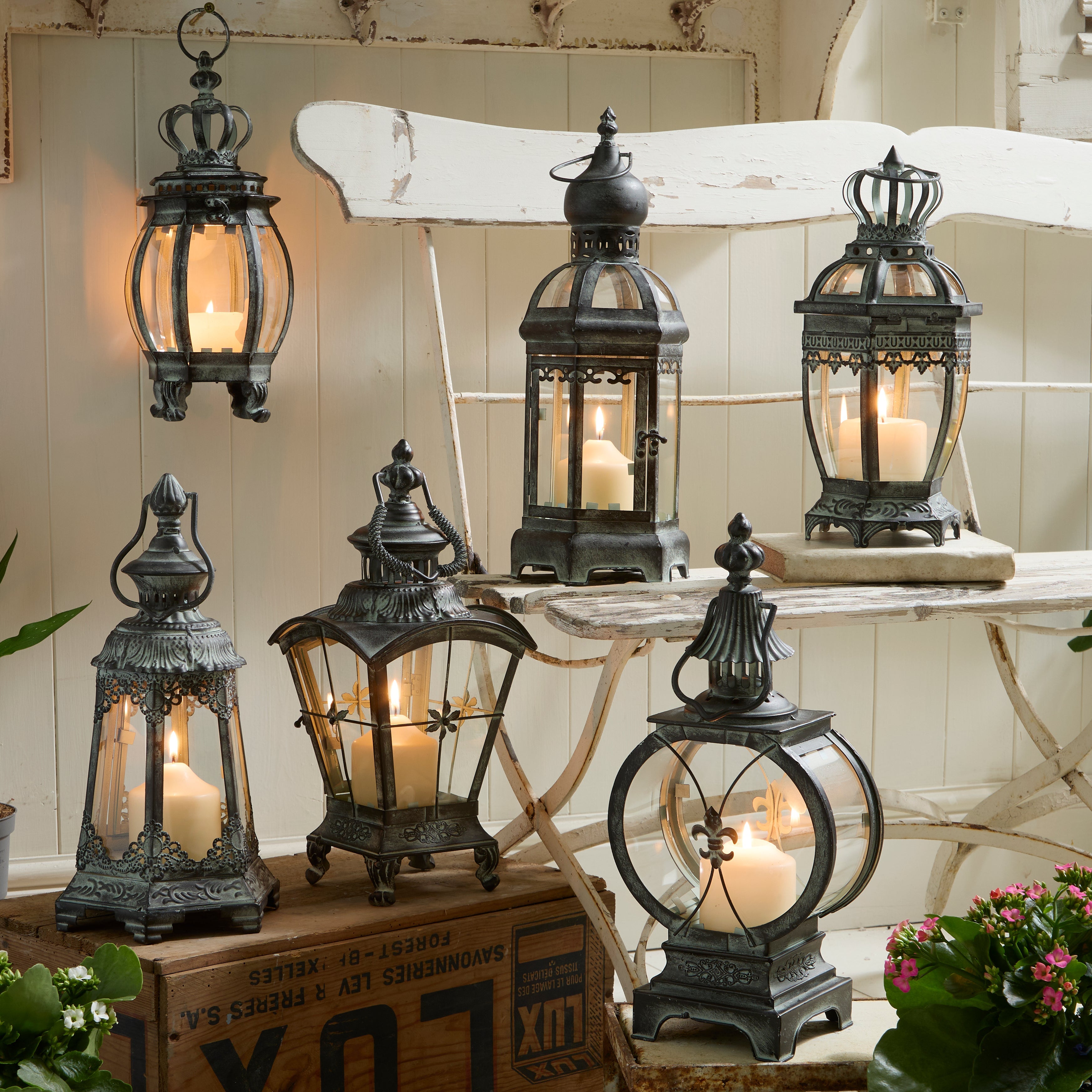 Antique Rustic Crown Lantern Collection – Ornate Metal Candle Holder
