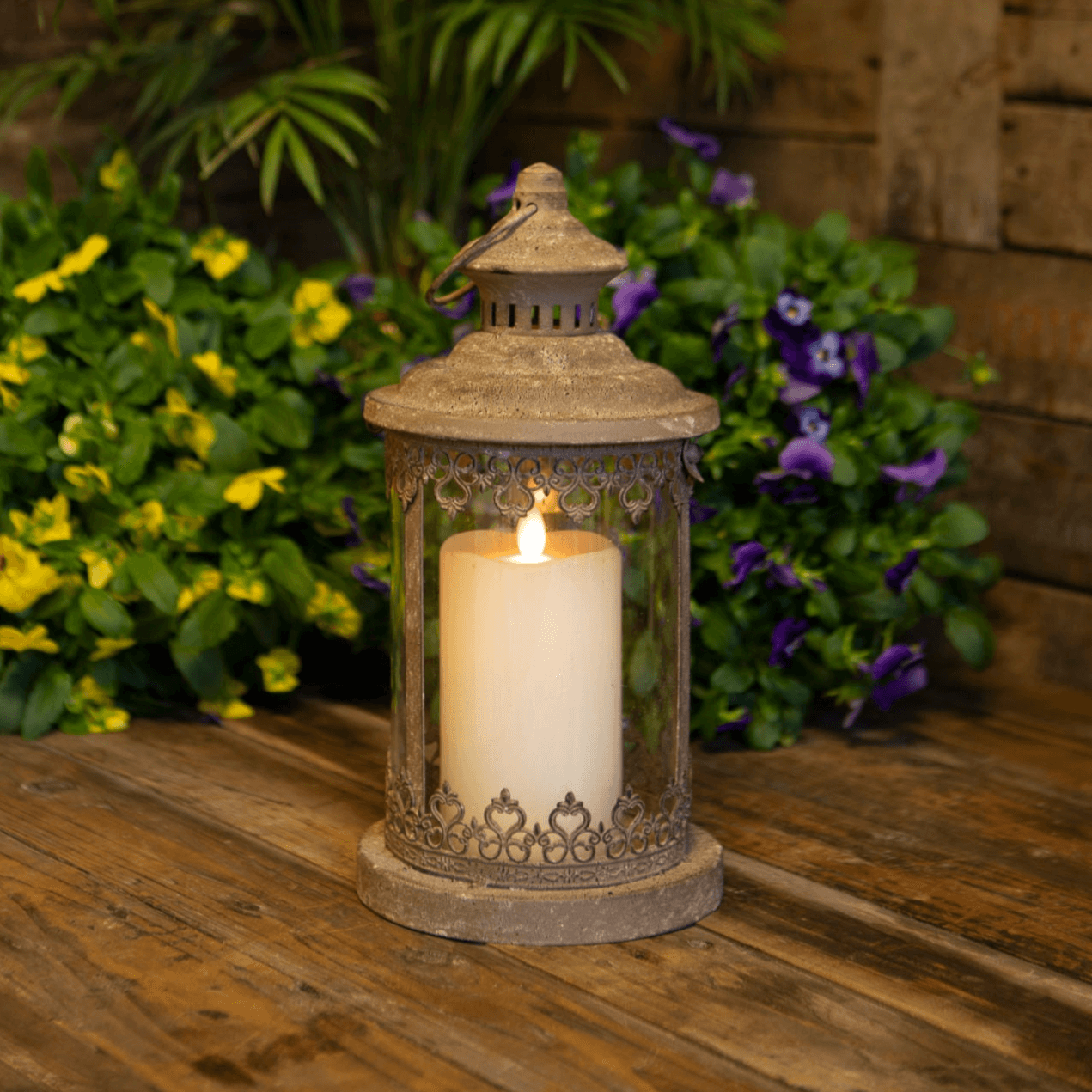 Vintage Style Metal & Glass Lantern with Filigree Detail