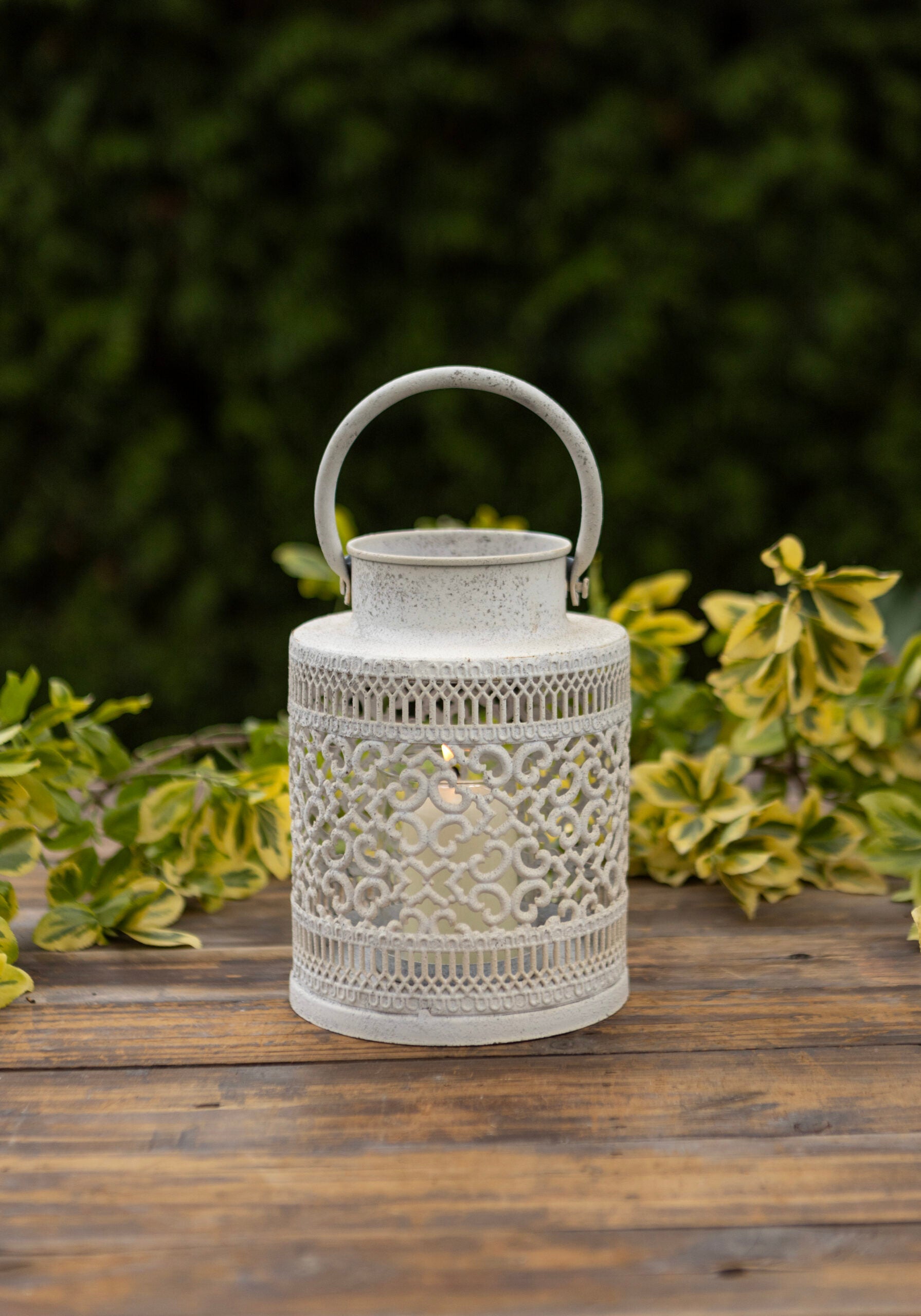Vintage White Metal Lantern with Cut-Out Pattern