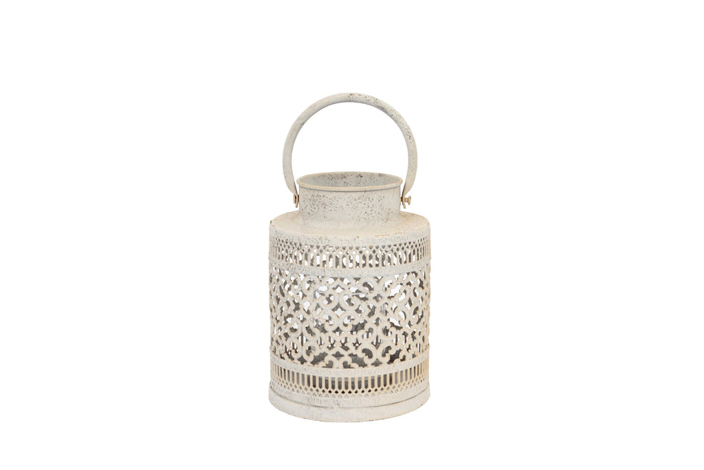 Vintage White Metal Lantern with Cut-Out Pattern