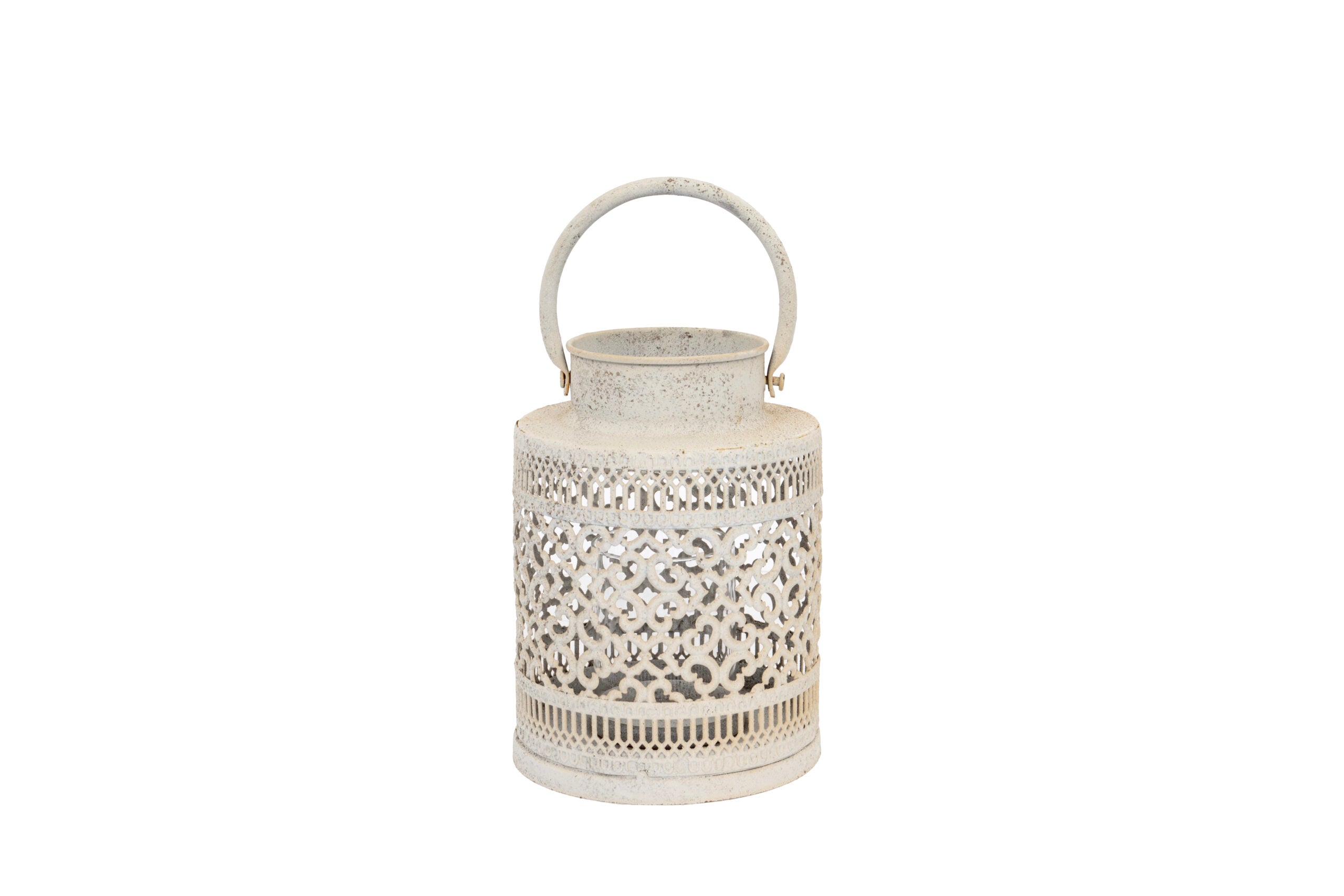 Vintage White Metal Lantern with Cut-Out Pattern