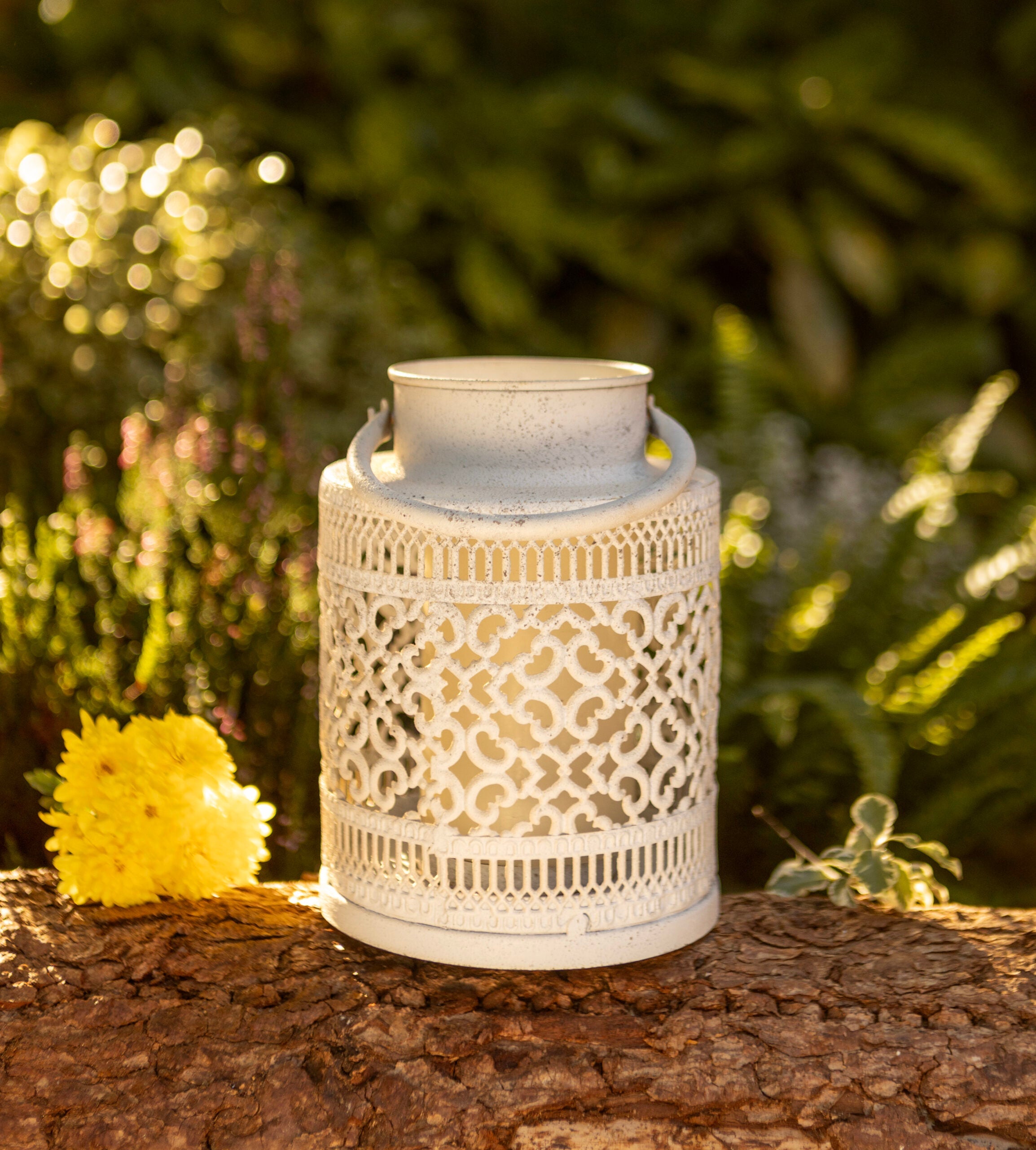 Vintage White Metal Lantern with Cut-Out Pattern