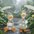 Pair of Ducks in Raincoats with Umbrellas