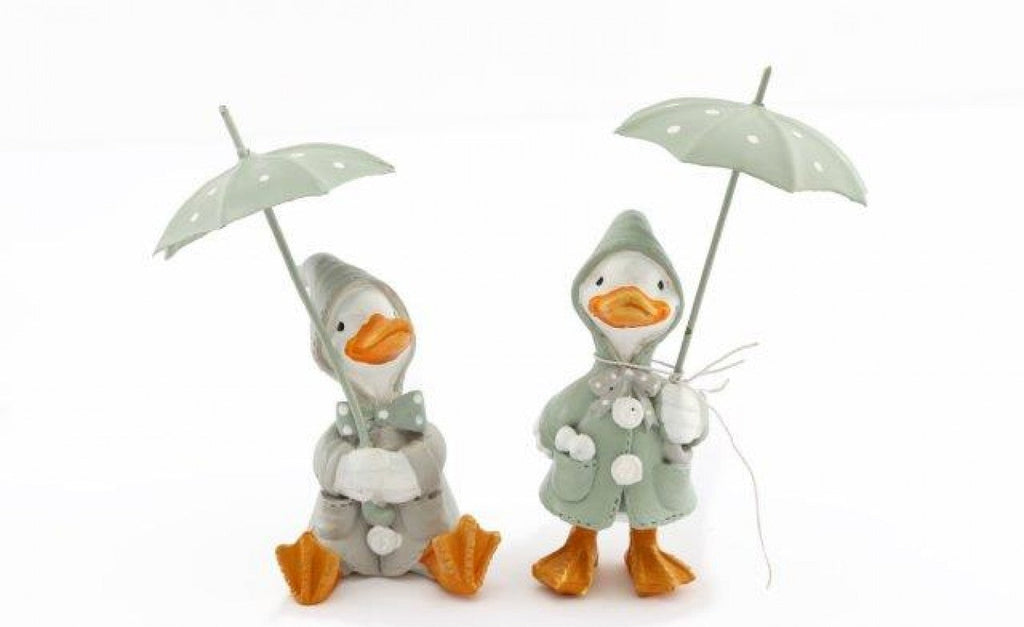 Pair of Ducks in Raincoats with Umbrellas