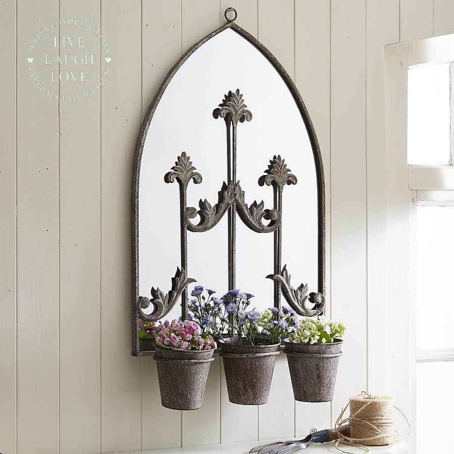 Rustic Vintage Wall Mirror With Triple Planter